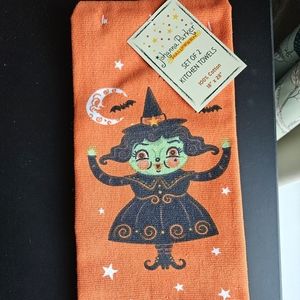 Johanna Parker Halloween - Orange Witch Kitchen Towels - NWT - set of two